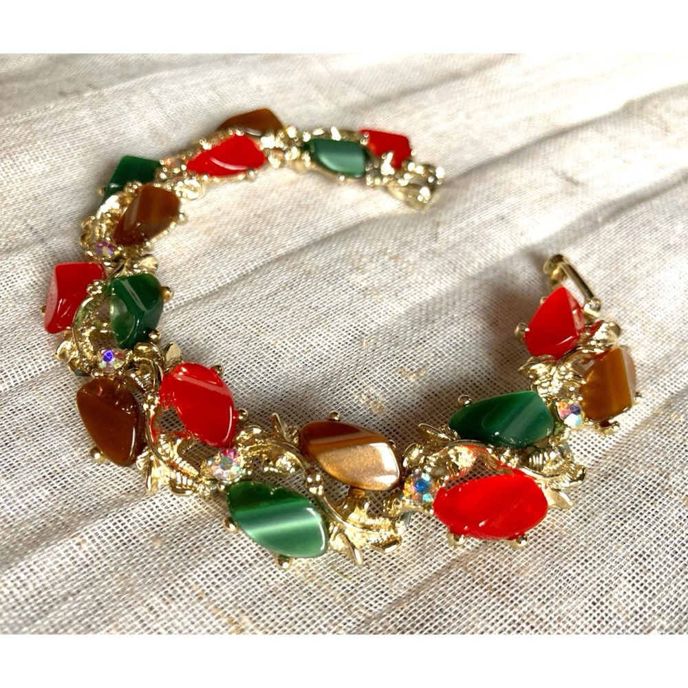 Vintage Thermoset Bracelet Goldtone Warm Colors & AB Rhinestones
